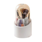 360° Rotating Cosmetic Makeup Brush Holder with Transparent Dust proof Lid – Acrylic Pink Spinning Organiser, 7 Compartments