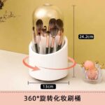 360° Rotating Cosmetic Makeup Brush Holder with Transparent Dust proof Lid – Acrylic Pink Spinning Organiser, 7 Compartments