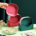 10 Pcs Reusable Snack Plate Set with Stand – Food Grade Plastic Multi-Function Spit Bone Dish / Side Plates (Mix Colour)