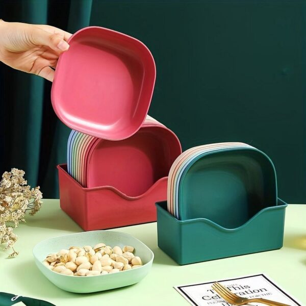 10 Pcs Reusable Snack Plate Set with Stand – Food Grade Plastic Multi-Function Spit Bone Dish / Side Plates (Mix Colour)