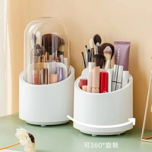 360° Rotating Cosmetic Makeup Brush Holder with Transparent Dust proof Lid – Acrylic Pink Spinning Organiser, 7 Compartments