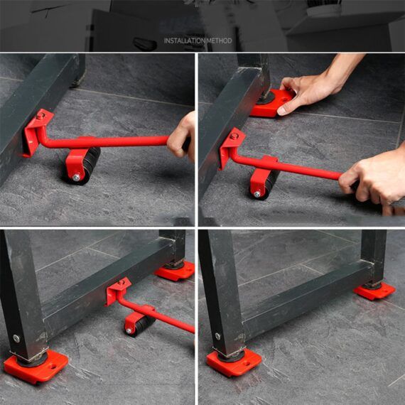 Easy Heavy Furniture Shifting Lifter & Mover Tool Set – 5 Pcs (1 Iron Pry Bar + 4 Wheeled Corner Movers, 200kg Each)