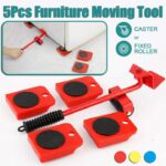 Easy Heavy Furniture Shifting Lifter & Mover Tool Set – 5 Pcs (1 Iron Pry Bar + 4 Wheeled Corner Movers, 200kg Each)