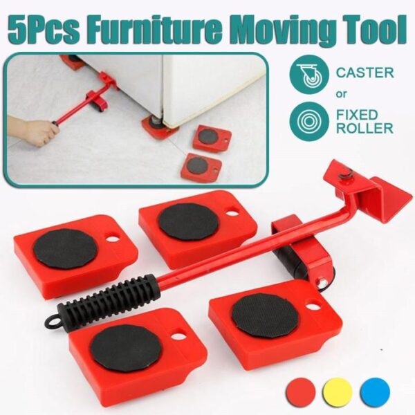 Easy Heavy Furniture Shifting Lifter & Mover Tool Set – 5 Pcs (1 Iron Pry Bar + 4 Wheeled Corner Movers, 200kg Each)