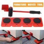 Easy Heavy Furniture Shifting Lifter & Mover Tool Set – 5 Pcs (1 Iron Pry Bar + 4 Wheeled Corner Movers, 200kg Each)