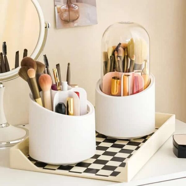 360° Rotating Cosmetic Makeup Brush Holder with Transparent Dust proof Lid – Acrylic Pink Spinning Organiser, 7 Compartments