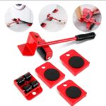 Easy Heavy Furniture Shifting Lifter & Mover Tool Set – 5 Pcs (1 Iron Pry Bar + 4 Wheeled Corner Movers, 200kg Each)