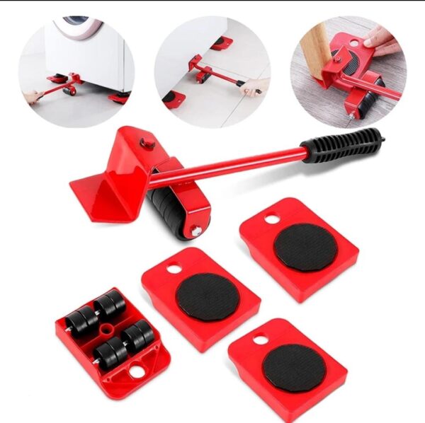 Easy Heavy Furniture Shifting Lifter & Mover Tool Set – 5 Pcs (1 Iron Pry Bar + 4 Wheeled Corner Movers, 200kg Each)