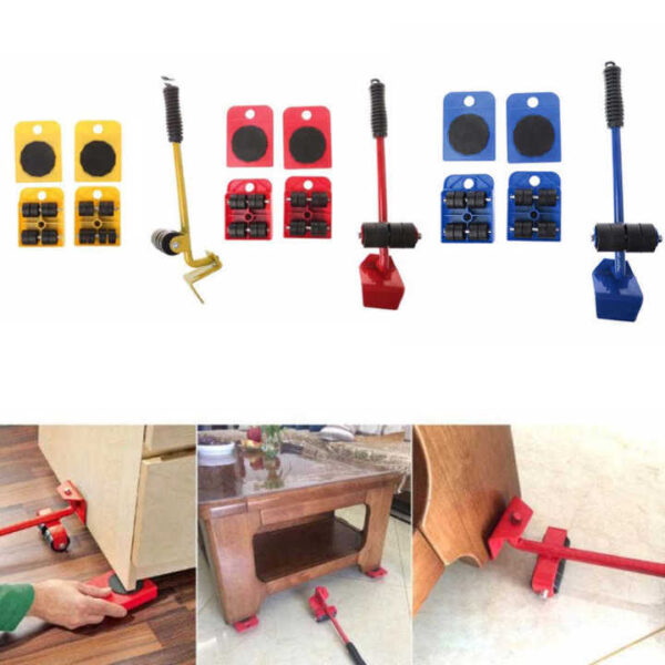 Easy Heavy Furniture Shifting Lifter & Mover Tool Set – 5 Pcs (1 Iron Pry Bar + 4 Wheeled Corner Movers, 200kg Each)