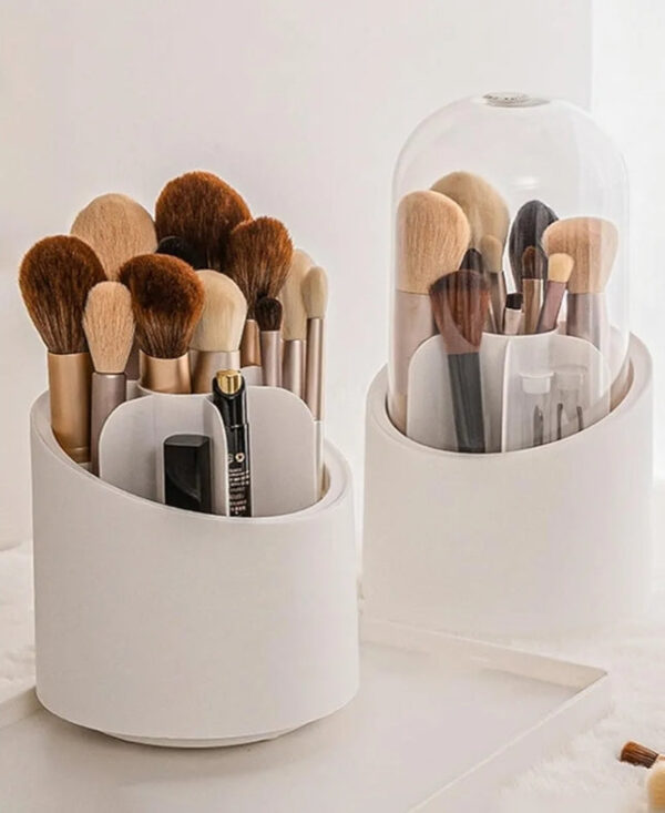 360° Rotating Cosmetic Makeup Brush Holder with Transparent Dust proof Lid – Acrylic Pink Spinning Organiser, 7 Compartments