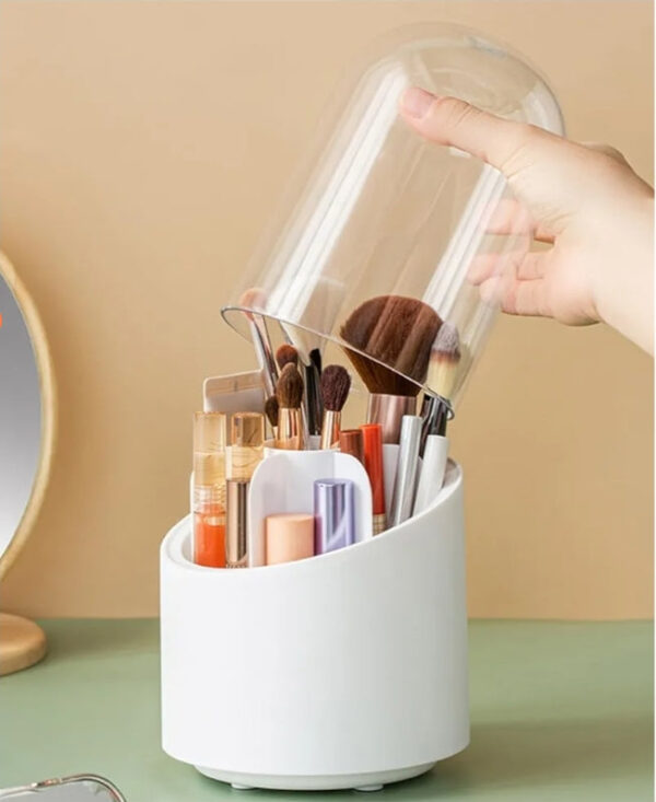 360° Rotating Cosmetic Makeup Brush Holder with Transparent Dust proof Lid – Acrylic Pink Spinning Organiser, 7 Compartments