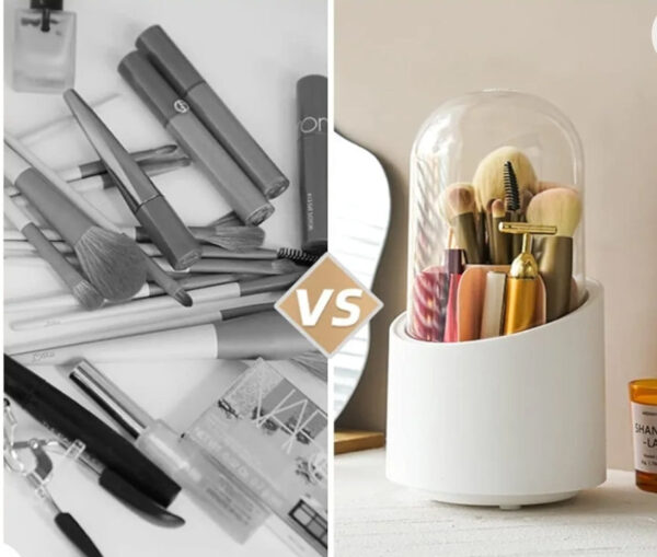 360° Rotating Cosmetic Makeup Brush Holder with Transparent Dust proof Lid – Acrylic Pink Spinning Organiser, 7 Compartments