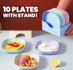 10 Pcs Reusable Snack Plate Set with Stand – Food Grade Plastic Multi-Function Spit Bone Dish / Side Plates (Mix Colour)