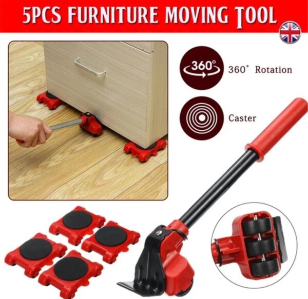 Easy Heavy Furniture Shifting Lifter & Mover Tool Set – 5 Pcs (1 Iron Pry Bar + 4 Wheeled Corner Movers, 200kg Each)