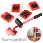 Easy Heavy Furniture Shifting Lifter & Mover Tool Set – 5 Pcs (1 Iron Pry Bar + 4 Wheeled Corner Movers, 200kg Each)