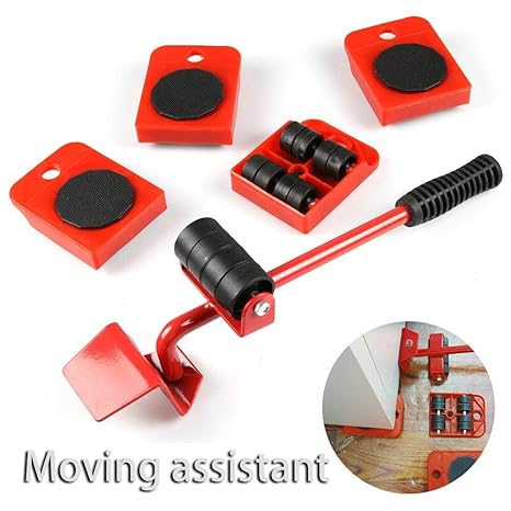 Easy Heavy Furniture Shifting Lifter & Mover Tool Set – 5 Pcs (1 Iron Pry Bar + 4 Wheeled Corner Movers, 200kg Each)