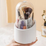360° Rotating Cosmetic Makeup Brush Holder with Transparent Dust proof Lid – Acrylic Pink Spinning Organiser, 7 Compartments