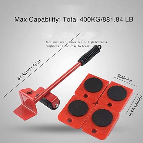 Easy Heavy Furniture Shifting Lifter & Mover Tool Set – 5 Pcs (1 Iron Pry Bar + 4 Wheeled Corner Movers, 200kg Each)