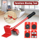Easy Heavy Furniture Shifting Lifter & Mover Tool Set – 5 Pcs (1 Iron Pry Bar + 4 Wheeled Corner Movers, 200kg Each)