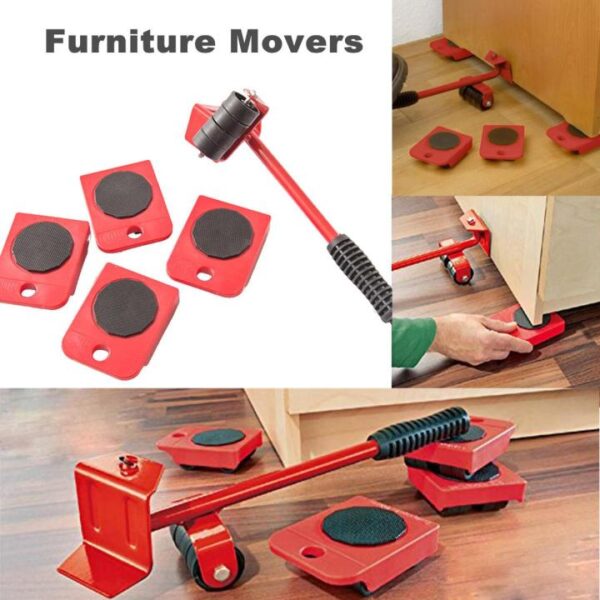 Easy Heavy Furniture Shifting Lifter & Mover Tool Set – 5 Pcs (1 Iron Pry Bar + 4 Wheeled Corner Movers, 200kg Each)