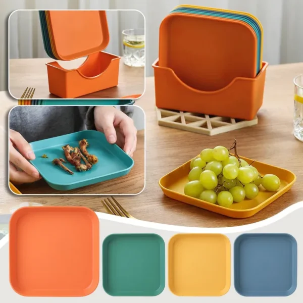 10 Pcs Reusable Snack Plate Set with Stand – Food Grade Plastic Multi-Function Spit Bone Dish / Side Plates (Mix Colour)